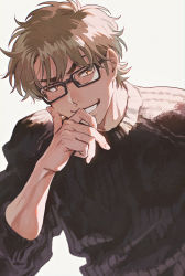 1boy ace_of_diamond black_sweater brown_eyes brown_hair glasses hand_on_own_cheek hand_on_own_face head_rest highres male_focus miyuki_kazuya sato_(sato_1_11) short_hair sideburns smile solo sweater teeth upper_body