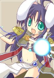 1girl 2000s_(style) ahoge animal_ears bikini bikini_top_only black_bikini black_hair brown_background brown_capelet brown_skirt capelet commentary_request cowboy_shot energy_ball flat_chest green_eyes long_hair looking_at_viewer lowres magic midriff navel oekaki open_mouth panties pantyshot pelvic_curtain rabbit_ears rabbit_girl ragnarok_online sage_(ragnarok_online) shirokuro_(lapinnoir) showgirl_skirt skirt solo striped_capelet swimsuit underwear white_panties