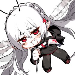 1girl ahoge antennae arknights armband black_pantyhose black_skirt blush_stickers chibi cleavage_cutout clothing_cutout commentary_request detached_sleeves drinking_straw fangs flying hair_ornament holding_straw insect_wings kinbakuman long_hair long_sleeves lowres open_mouth pantyhose red_eyes sandals skirt smile solo warfarin_(arknights) white_background white_hair wings
