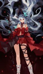 1girl absurdres arknights blue_hat boots breasts chun_sam clothing_cutout dress floating_hair hat highres holding holding_staff long_hair looking_at_viewer medium_breasts navel_cutout parted_lips red_dress red_eyes skadi_(arknights) skadi_the_corrupting_heart_(arknights) solo staff standing very_long_hair white_boots white_hair