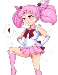 1girl bishoujo_senshi_sailor_moon blush boots bow chibi_usa choker collar collarbone dot_nose elbow_gloves embarrassed eyelashes feet_out_of_frame female_focus gloves grin hands_on_own_hips heart high_heel_boots high_heels knee_boots long_hair magical_girl matching_hair/eyes nervous nervous_smile nervous_sweating panties pantyshot pink_boots pink_choker pink_collar pink_eyes pink_hair pink_skirt red_bow sailor_collar shirt short_sleeves simple_background skirt smile solo souyannsb sweat teeth twintails underwear white_background white_gloves white_panties white_shirt