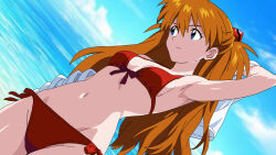 1girl :/ bare_legs bare_shoulders beach bikini blue_eyes blue_sky breasts brown_hair cleavage cloud cloudy_sky curvy dutch_angle jaaaan long_hair looking_to_the_side midriff neon_genesis_evangelion ocean outdoors red_bikini see-through_clothes see-through_shirt shiny_skin shirt side-tie_bikini_bottom simple_background sky small_breasts solo souryuu_asuka_langley standing swimsuit thighs tsundere two_side_up water wide_hips