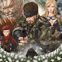 2girls 3boys aiming aiming_at_viewer azusa_tanaka bandana bandolier belt beret bikini blue_eyes bullet camouflage cloak eva_(metal_gear) eyepatch flower gloves goggles gun handgun hat highres jacket mauser_c96 metal_gear_(series) metal_gear_solid_3:_snake_eater military military_uniform multiple_boys multiple_girls naked_snake open_clothes open_jacket pistol revolver_ocelot shansi_type_17 swimsuit the_boss weapon yevgeny_borisovitch_volgin