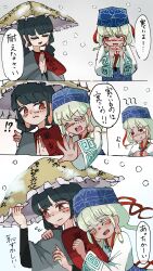 ainu ainu_clothes alternate_costume attus blue_headband blush braid capelet dress earrings ebisu_eika embarrassed frilled_hat frills glomp grey_dress hat headband highres hug idomizu_oishi jewelry long_earlobes matampus palms_together patterned_clothing puffy_cheeks red_capelet snow snow_on_headwear touhou translated twin_braids yatadera_narumi