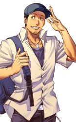 1boy backpack bag baseball_cap belt_buckle black_pants blue_hat blue_undershirt brown_eyes buckle collared_shirt dark-skinned_male dark_skin facial_hair gekkoukan_high_school_uniform goatee_stubble grin hat highres holding_strap iori_junpei jewelry looking_at_viewer male_focus necklace oldkin pants partially_unbuttoned persona persona_3 salute school_uniform shirt short_hair simple_background smile solo stubble wallet_chain white_background white_shirt