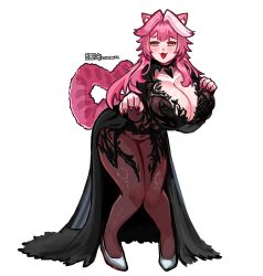 1girl :3 absurdres animal_ears black_dress blaparky blush breasts chronopattern_dress cleavage collarbone commentary covered_navel dress english_commentary fang fingernails groin hair_intakes highres hololive hololive_english huge_breasts leaning_forward long_hair looking_at_viewer meme_attire multicolored_hair nail_polish open_mouth panther_ears panther_girl panther_tail pink_hair pink_nails raora_panthera shoes simple_background smile solo streaked_hair tail thighs twitter_username virtual_youtuber white_background white_shoes yellow_eyes