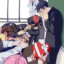 Rule 34 | ayase momo, blush, candy, chocolate, chocolate heart, count saint-germain, dandadan, enjoji jin, food, glasses, heart, heart-shaped food, highres, multiple boys, multiple girls, round eyewear, sakata kinta, school uniform, shiratori aira (dandadan), takakura ken (dandadan), valentine, vamola (dandadan), xiexie 801