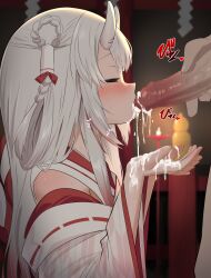 Rule 34 | 1boy, 1girl, blush, censored, closed eyes, clothed female nude male, cum, cum in mouth, dark-skinned male, dark skin, gradient hair, hetero, highres, hololive, horns, japanese clothes, long hair, mosaic censoring, multicolored hair, nakiri ayame, nakiri ayame (shrine maiden), nude, oni, open mouth, penis, red hair, skin-covered horns, virtual youtuber, white hair, yukidaruma718