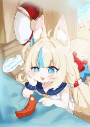 1girl absurdres animal_ears beach blonde_hair blue_eyes blue_hair cat_ears crab dress ebi-chan_(gawr_gura) fang fins fish_girl fish_tail head_rest highres hololive hololive_english indie_virtual_youtuber la69lala long_hair looking_at_viewer multicolored_hair open_mouth sameko_saba sand skin_fang sleeveless sleeveless_dress smile streaked_hair tail very_long_hair virtual_youtuber water white_dress