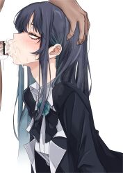 1boy 1girl absurdres ado_(utaite) ahegao bar_censor black_bow black_hair blue_eyes blue_hair blush bow censored chando_(ado) clothed_female_nude_male collared_shirt colored_inner_hair commentary_request cum cum_in_mouth cum_on_body deepthroat ekibyoudayo facial fellatio hand_on_another&#039;s_head hetero highres irrumatio long_hair looking_at_viewer multicolored_hair nude oral paid_reward_available penis saliva shirt sidelocks simple_background solo tearing_up utaite variant_set white_background white_shirt