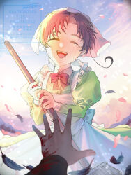 2boys absurdres aged_down ahoge apron artist_name axis_powers_hetalia back_bow black_shirt blood blood_on_clothes blood_on_hands blue_sky blush bow bowtie broom buttons chibitalia_(hetalia) child closed_eyes cloud cloudy_sky collared_dress commentary_request cowboy_shot crossdressing crying dress dying evening feathers fingernails forest frills gradient_sky green_dress hands_up headscarf highres holding holding_broom holy_roman_empire_(hetalia) juliet_sleeves lake long_sleeves male_focus mocota_0207 mountain multiple_boys nature northern_italy_(hetalia) open_mouth parted_bangs petals pine_tree pink_bow pink_bowtie pink_sky puffy_sleeves red_hair shirt short_hair sky smile solo_focus standing teeth tree watermark white_apron white_bow white_headscarf