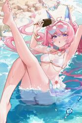 1girl ahoge animal_ears arm_behind_head armpits bad_source bare_legs bare_shoulders barefoot beach belt_collar bikini blush bracelet breasts cleavage collar eyewear_on_head feet flower food fox_ears fox_girl full_body gradient_hair hair_between_eyes heart heart_ahoge highres holding holding_food holding_ice_cream ice_cream in_water indie_virtual_youtuber jewelry long_bangs long_hair looking_at_viewer lying multicolored_hair ocean official_art on_back open_mouth partially_submerged pink_hair purple_eyes shell sidelocks soles solo swimsuit teletha_(vtuber) toes virtual_youtuber water_drop wet white_bikini