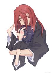 1boy 1girl abarai_renji arm_up black_hair black_kimono bleach blush commentary couple eye_contact eyelashes forehead_tattoo from_side hair_down hand_on_another&#039;s_arm happy hetero highres hug hug_from_behind japanese_clothes kimono kuchiki_rukia long_hair long_sleeves looking_at_another looking_down looking_up open_mouth profile purple_eyes red_hair rinner373 short_hair simple_background smile straight_hair tsurime white_background wide-eyed wide_sleeves
