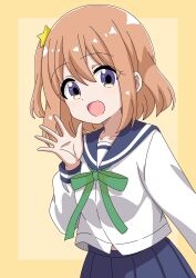 1girl blue_sailor_collar blue_skirt chikadaioshi collarbone feet_out_of_frame female_focus hair_between_eyes hair_ornament happy koisuru_asteroid konohata_mira long_sleeves looking_at_viewer multicolored_eyes open_mouth orange_background orange_hair sailor_collar school_uniform serafuku shirt short_hair simple_background skirt solo standing star_(symbol) star_hair_ornament waving white_shirt