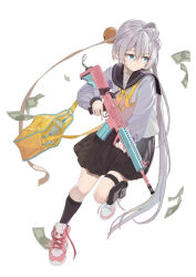 1girl ahoge assault_rifle bell black_sailor_collar black_skirt black_socks blue_eyes closed_mouth commentary full_body grey_hair gun hair_bell hair_ornament highres holding holding_gun holding_weapon jingle_bell long_hair long_sleeves looking_to_the_side money naruto_maki_(naruto05) neckerchief original pink_shoes rifle sailor_collar school_uniform serafuku shirt shoes skirt sneakers socks solo standing standing_on_one_leg very_long_hair weapon white_shirt yellow_bag yellow_neckerchief