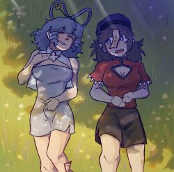 Rule 34 | 2girls, black hair, black skirt, blue dress, blue hair, cleavage cutout, closed eyes, clothing cutout, commentary, commission, dappled sunlight, dress, drill hair, drill sidelocks, english commentary, feet out of frame, grass, hair ornament, hair rings, hair stick, hat, highres, jiangshi, kaku seiga, lace-trimmed sleeves, lace trim, looking at another, looking to the side, lying, miyako yoshika, multiple girls, newsboy cap, ofuda, on back, on ground, open mouth, otaeriaaoba, purple eyes, purple hat, red shirt, shirt, short dress, short hair, short sleeves, sidelocks, skirt, sunlight, touhou