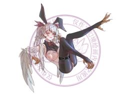 Rule 34 | 1girl, absurdres, animal ears, bird ears, bird legs, bird tail, bow, bowtie, breasts, claws, commentary request, condom, feathered wings, feathers, genkyopainting, harpy, highres, holding, holding condom, large breasts, looking at viewer, monster girl, nipples, open mouth, original, pussy, red bow, red bowtie, red eyes, reverse bunnysuit, reverse outfit, simple background, stirrup legwear, tail, talons, toeless legwear, used condom, white background, white feathers, white hair, white wings, winged arms, wings
