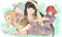 Rule 34 | 5girls, absurdres, arm behind back, artist name, black hair, black shoes, blonde hair, blue eyes, blue eyeshadow, blue overalls, blue shirt, blue shorts, blue thighhighs, blunt bangs, boots, bracelet, brown socks, cloak, closed mouth, commentary, crop top, eyeshadow, fairy, fairy wings, fanneria amu, flying, gaw ha leecee, green eyes, green lips, green vest, hair between eyes, hands on own knee, high collar, high heel boots, high heels, highres, holding own arm, jewelry, juusenki l-gaim, knee boots, lilith fau, lipstick, long hair, looking at viewer, loose socks, makeup, multiple girls, oldna poseidal, overall shorts, overalls, parted lips, pink hair, pink lips, puffy short sleeves, puffy sleeves, quwasan olibee, red hair, ribbed thighhighs, shirt, shoes, short hair, short sleeves, shorts, signature, sitting, smile, socks, thighhighs, vest, white boots, white cloak, white shirt, wings, yellow shirt, yoshinaga masahiro
