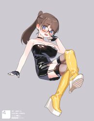 Rule 34 | 1girl, absurdres, bare shoulders, black-framed eyewear, black choker, black gloves, black nails, blunt bangs, boots, breasts, brown hair, brown thighhighs, chikuwa fan973, choker, fingerless gloves, garter straps, gloves, grey background, highres, knee boots, large breasts, long hair, open mouth, original, ponytail, rectangular eyewear, semi-rimless eyewear, shiny clothes, simple background, sweat, teeth, thighhighs, under-rim eyewear, upper teeth only, yellow boots