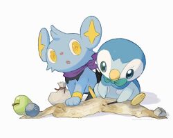 :o apple berry_(pokemon) closed_mouth clothed_pokemon commentary food fruit gen_4_pokemon green_eyes highres looking_down map mokuzou_(moku_ssbu) nintendo no_humans open_mouth oran_berry piplup pokemon pokemon_(creature) pokemon_mystery_dungeon rock shinx signature symbol-only_commentary white_background yellow_eyes yellow_pupils