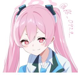 +_+ 1girl absurdres blue_archive blue_necktie blush closed_mouth collared_shirt commentary hair_between_eyes halo highres koyuki_(blue_archive) long_hair necktie nishimiya_aki pink_eyes pink_hair pink_halo shirt smile solo twintails twitter_username white_background white_shirt