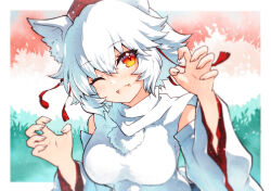 1girl ;d animal_ear_fluff animal_ears bare_shoulders breasts claw_pose detached_sleeves fang hat highres inubashiri_momiji large_breasts long_sleeves looking_at_viewer one_eye_closed open_mouth pom_pom_(clothes) red_eyes red_hat rinka_(qqqrinkappp) shirt short_hair skin_fang sleeveless sleeveless_shirt smile solo tokin_hat touhou traditional_media upper_body white_hair white_shirt white_sleeves wide_sleeves wolf_ears