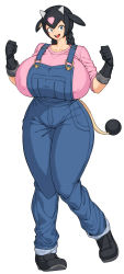 Rule 34 | 1girl, animal ears, black hair, blue eyes, braid, breasts, covered erect nipples, cow girl, curvy, denim, female focus, fist pump, full body, gen 2 pokemon, gigantic breasts, gloves, highres, horns, legs together, long hair, looking at viewer, miltank, nintendo, open mouth, overalls, personification, pink shirt, pokemon, pokemon tail, shirt, simple background, smile, solo, spacezin, standing, tail, teeth, thick thighs, thighs, tongue, twin braids, white background, wide hips