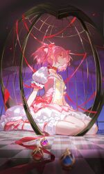 1girl absurdres blush bow choker dress from_side gloves hair_between_eyes hair_bow highres kaname_madoka long_hair mahou_shoujo_madoka_magica open_mouth pink_bow pink_choker pink_dress pink_eyes pink_hair pink_shoes ribbon_choker shoes short_sleeves short_twintails sidelocks sitting socks solo twintails vee.29 wariza white_gloves white_socks