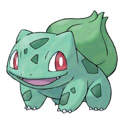 animal_focus bright_pupils bud bulbasaur claws fangs full_body gen_1_pokemon nintendo no_humans nostrils official_art open_mouth pokemon pokemon_(creature) pokemon_frlg red_eyes smile solo sugimori_ken third-party_source transparent_background white_pupils