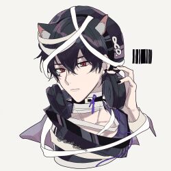 1boy animal_ear_fluff animal_ears artist_name ayn_alwyn bandaged_neck bandages barcode bishounen black_hair black_hat black_nails cat_boy cat_ears choker closed_mouth ear_piercing hair_between_eyes hand_up hat headphones headphones_around_neck jewelry looking_at_viewer lovebrush_chronicles male_focus mole mole_under_eye nail_polish piercing portrait red_eyes shirt short_hair simple_background solo upper_body white_background xi_yuu