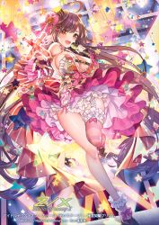 1girl :d ahoge breasts brown_hair brown_headwear cleavage company_name copyright_name dress female_focus frilled_thighhighs frills full_body garter_straps hat_ornament holding holding_microphone idol large_breasts long_hair microphone official_art open_mouth outstretched_hand pink_dress pink_thighhighs red_eyes single_thighhigh smile solo standing standing_on_one_leg star_(symbol) thighhighs tilted_headwear very_long_hair watermark yuasa_akira z/x