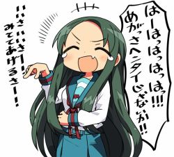 1girl ^_^ blush closed_eyes fang female_focus green_hair kanikama laughing long_hair open_mouth school_uniform serafuku simple_background solo suzumiya_haruhi_no_yuuutsu tears translation_request tsuruya very_long_hair white_background