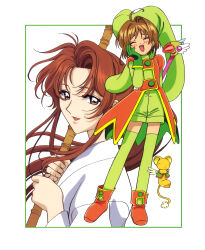 2girls absurdres ahoge annoyed blush border brown_eyes brown_hair cardcaptor_sakura closed_eyes creature crossed_arms embarrassed facing_viewer full_body fuuin_no_tsue gloves green_border green_gloves green_hat green_shorts green_thighhighs hair_intakes hand_on_own_cheek hand_on_own_face hat highres holding holding_wand japanese_clothes jester_cap kero_(cardcaptor_sakura) kimono kinomoto_sakura kinomoto_sakura_(green_sprite) legs_apart long_hair looking_at_viewer mizuki_kaho multiple_girls official_art orange_shoes orange_vest scan shoes short_hair shorts simple_background smile standing takahashi_kumiko thighhighs vest wand white_background white_kimono