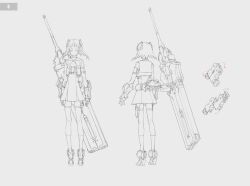 Rule 34 | 1girl, chest belt, commentary, english commentary, full body, grey background, greyscale, heavily armed high school girls, high-waist skirt, jacket, kneehighs, lineart, long sleeves, looking at viewer, monochrome, multiple views, neco, open clothes, open jacket, reference sheet, simple background, skirt, socks, solo, standing, turnaround, weapon, zwei (neco)