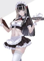 1girl absurdres alternate_costume apron black_hair blue_eyes blunt_bangs breasts cleavage_cutout clothing_cutout collared_shirt commentary_request contrast_collar cropped_shirt cup dhbwinner framed_breasts frilled_skirt frills garter_straps grey_hair highres hime_cut holding holding_tray hololive hololive_dev_is juufuutei_raden lace lace-trimmed_thighhighs lace_trim linea_alba long_hair looking_at_viewer maid maid_headdress midriff miniskirt multicolored_hair navel puffy_short_sleeves puffy_sleeves shirt short_sleeves simple_background skirt small_breasts smile solo straight_hair streaked_hair teacup teapot thighhighs tray two-tone_hair virtual_youtuber waist_apron white_background