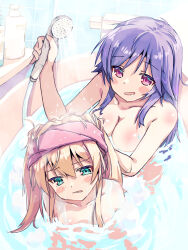 2girls akayama_yukihe bathing bathroom bathtub blonde_hair blush_stickers breasts cleavage collarbone commentary completely_nude frown green_eyes hair_between_eyes hair_down hand_up highres holding holding_shower_head indoors large_breasts long_hair looking_at_another mizuori_shizuku multiple_girls nude open_mouth partially_submerged pink_eyes purple_hair ripples shared_bathing shower_head showering sidelocks sitting small_breasts smile summer_pockets tile_wall tiles tsumugi_wenders upper_body water wet