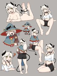 Rule 34 | 1girl, ?, absurdres, ass, barefoot, bell, choker, closed mouth, commentary, demon girl, demon horns, demon tail, english commentary, feet, full body, gloves, green eyes, hat, highres, horns, legs, long hair, open mouth, original, sharp teeth, softhanten, soles, solo, tail, teeth, toes, white hair, wizard hat, yawning