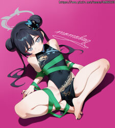 1girl absurdres bare_legs barefoot black_dress black_hair black_nails blue_archive bound china_dress chinese_clothes double_bun dress from_above full_body green_ribbon hair_bun halo highres huge_filesize kisaki_(blue_archive) knees_apart_feet_together loli long_hair momobug22 nail_polish pink_background ribbon ribbon_bondage solo spread_legs toenail_polish toenails twintails
