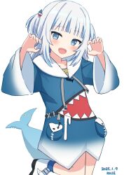 1girl :d blue_eyes blue_hair blue_hoodie blue_socks blush claw_pose dated drawstring fins fish_tail gawr_gura gawr_gura_(1st_costume) grey_hair hair_ornament hands_up highres hololive hololive_english hood hood_down hoodie kaie long_hair long_sleeves looking_at_viewer multicolored_hair open_mouth shark_tail sharp_teeth shoes signature simple_background smile socks solo standing standing_on_one_leg streaked_hair tail teeth two_side_up virtual_youtuber white_background white_shoes wide_sleeves