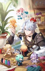 3boys 6+girls :p absurdres aglaea_(honkai:_star_rail) anaxa_(honkai:_star_rail) animal_ears antenna_hair aqua_eyes aqua_hair armor black_choker black_shirt blonde_hair blue_eyes braid castorice_(honkai:_star_rail) cat_ears cat_girl chibi chinese_commentary choker cipher_(honkai:_star_rail) coat commentary_request dress eyepatch gradient_hair hair_between_eyes highres holding_chibi honkai:_star_rail honkai_(series) hood hood_up hyacine_(honkai:_star_rail) laurel_crown little_ica_(honkai:_star_rail) medium_hair multicolored_hair multiple_boys multiple_girls mydei_(honkai:_star_rail) neck_tattoo o8622 parted_bangs pauldrons phainon_(honkai:_star_rail) pink_hair plant potted_plant purple_eyes purple_hair red_hair shirt short_hair shoulder_armor side_braid single_pauldron stomping sun_symbol sun_tattoo sunlight tan tattoo thread tongue tongue_out tribbie_(honkai:_star_rail) white_coat white_dress white_hair window