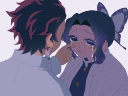 1boy 1girl blush bow bug butterfly crying crying_with_eyes_open haori happy_tears insect japanese_clothes kamado_tanjirou kimetsu_no_yaiba kochou_shinobu original purple_hair sad scar scar_on_face short_hair streaming_tears tears updo user_fhwv8447 wiping_tears