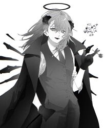 Rule 34 | 1girl, alternate costume, arknights, arknights yuu12, black gloves, buttons, candy, chupa chups, coat, collared shirt, cowboy shot, demon horns, dress pants, dress shirt, energy wings, food, formal clothes, gloves, greyscale, hair between eyes, halo, hand in pocket, hand up, highres, holding, holding candy, holding food, horns, lollipop, looking at viewer, medium hair, monochrome, mostima (arknights), necktie, open clothes, open coat, open mouth, pant suit, pants, parted bangs, shirt, simple background, single sidelock, smile, solo, suit, three-quarter sleeves, traditional halo, vest, waistcoat, white background