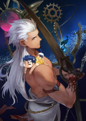 2boys archer_(fate) armlet bow_(weapon) chibi cu_chulainn_(fate) cu_chulainn_(fate/stay_night) dark-skinned_male dark_skin fate/extella fate/extella_link fate/extra fate_(series) gears guttia holding holding_bow_(weapon) holding_weapon jewelry long_hair male_focus multiple_boys nose_bubble weapon white_hair yellow_eyes