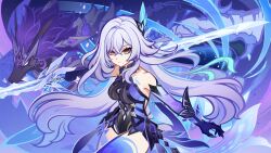 Rule 34 | 1girl, bare shoulders, black unitard, blue eyes, blue thighhighs, chinese commentary, commentary request, elbow gloves, genshin impact, gloves, grey hair, hair ornament, highres, long hair, looking at viewer, monster, official art, official wallpaper, purple gloves, red eyes, skirk (genshin impact), sword, thighhighs, third-party source, twin blades, very long hair, weapon, white hair