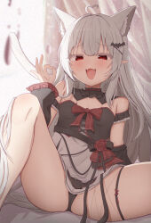 1girl absurdres animal_ears bare_shoulders bat_hair_ornament black_panties black_shirt blush cat_ears cat_girl cat_tail commission detached_collar detached_sleeves fangs grey_hair hair_ornament hairclip highres kabomeel_lse looking_at_viewer open_mouth original panties pointy_ears shirt skeb_commission skindentation skirt smile solo spread_legs tail underwear vampire white_skirt