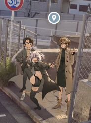 Rule 34 | 1boy, 2girls, black cape, black hair, black nails, black shorts, black skirt, black sweater, black thighhighs, boots, braid, brown footwear, brown hair, building, cape, chain-link fence, cigarette, cloak, closed eyes, double v, dress, fang, fence, fingernails, foolish potato, full body, glasses, gloves, google maps, google street view, grey hair, hair between eyes, hair bun, hand in pocket, hands on own hips, high heel boots, high heels, high school girls posing for google street view (meme), highres, jacket, long coat, looking at viewer, meme, multiple girls, nanakusa nazuna (yofukashi no uta), no shoes, open mouth, outdoors, partially fingerless gloves, pencil skirt, photo background, raised curb, real world location, road, road sign, round eyewear, shirt, shorts, sidelocks, sign, single hair bun, skirt, smile, standing, standing on one leg, stomach, sweater, tactile paving, thighhighs, turtleneck, turtleneck sweater, uguisu anko, v, white footwear, yamori kou, yofukashi no uta