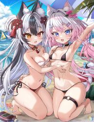 2girls abeli absurdres animal_ears arm_up armpits bare_arms bare_shoulders barefoot beach bikini black_bikini black_choker black_hair blue_eyes breasts cat_ears cat_tail choker cleavage commentary_request commission cross cross_choker day fang gradient_hair hair_ornament hair_scrunchie hairclip hand_on_another&#039;s_waist heterochromia highres kneeling konana_(artmug) korean_commentary long_hair looking_at_viewer low_twintails mixed-language_commentary multicolored_hair multiple_girls navel one_side_up open_mouth original outdoors pink_hair red_eyes scrunchie second-party_source side-tie_bikini_bottom small_breasts smile split-color_hair stomach strap_gap string_bikini swimsuit tail thigh_strap thighs twintails two-tone_hair very_long_hair wet white_bikini white_hair yellow_eyes