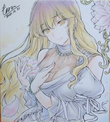 1girl absurdres alternate_costume bead_bracelet bead_necklace beads blonde_hair bracelet breasts cleavage closed_mouth commentary_request dated dress falling_petals flower flower_request gradient_hair highres hijiri_byakuren jewelry long_hair long_sleeves monety multicolored_hair necklace petals pink_flower pink_petals purple_hair shikishi signature smile solo touhou traditional_media very_long_hair white_dress yellow_eyes