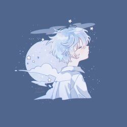 1boy absurdres amenojaku blue_background blue_hair blue_theme blush closed_eyes closed_mouth commentary_request cropped_arms frown halo highres male_focus original profile shirt signature solo star_(symbol) white_shirt