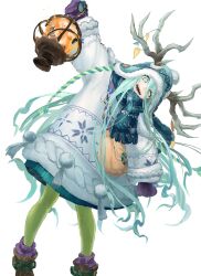 1girl absurdres antler_ornament antlers antlers_through_headwear beanie blue_hat blue_scarf earflap_beanie fate/grand_order fate_(series) fujigaya_seizo green_eyes hair_between_eyes hat highres holding holding_lantern horns lantern long_hair long_sleeves looking_at_viewer louhi_(fate) louhi_(second_ascension)_(fate) mittens open_mouth pantyhose pom_pom_(clothes) pom_pom_beanie purple_mittens scarf sharp_teeth smile solo sweater teeth very_long_hair white_eyes white_sweater woollen_cap yellow_pantyhose